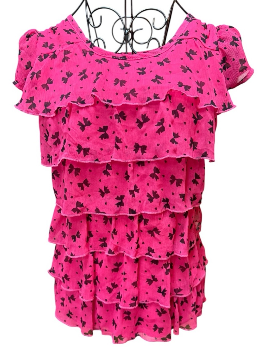 Hot Pink Tiered Ruffle Bow Print Blouse 7-8
